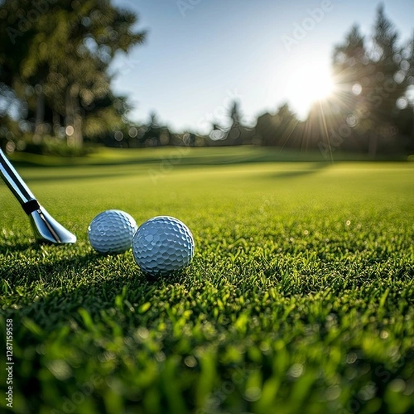 Obraz Golf Balls On Green With Putting Club