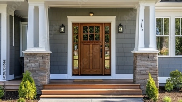 Fototapeta A wooden front door with a glass window, part of a covered front porch on a gray and white home