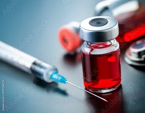 Obraz Syringe with liquid vaccine and ampoule in medical background