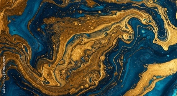 Obraz Abstract fluid art with swirling metallic gold and deep blue marble textures