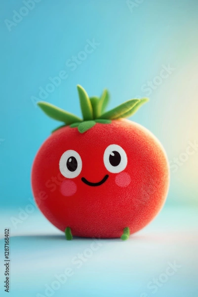 Fototapeta Cute smiling tomato toy on colorful background with cheerful expression and green stem, perfect for kids' playroom or nursery decor