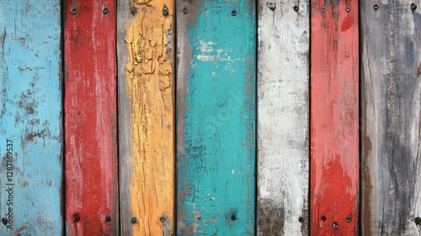 Fototapeta Weathered teak texture with gray patina and vibrant painted strips for creative design