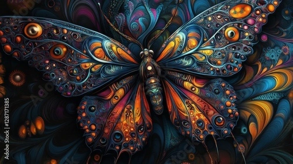 Obraz Colorful butterfly illustration with vibrant wings. Butterfly design features blue, green, and yellow patterns. Artistic butterfly image with detailed wings. Vintage butterfly illustration vector.