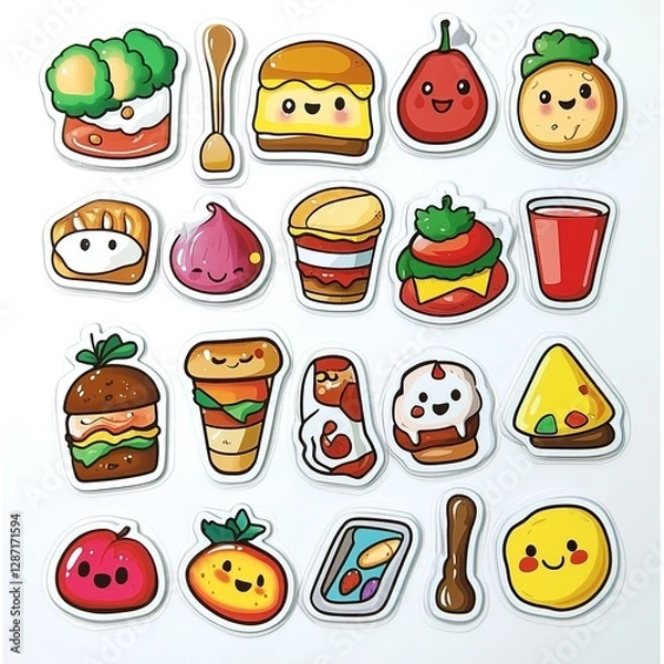 Fototapeta Whimsical food stickers creative design studio digital content bright background playful viewpoint fun concept