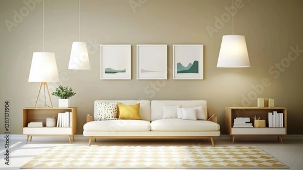 Fototapeta Muted earthy modern living room, Modern Minimalist Living Room Interior with Beige Walls and White