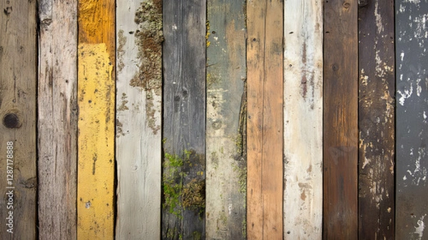Fototapeta Rustic wooden planks with varied moss density and textured surfaces for nature-inspired design