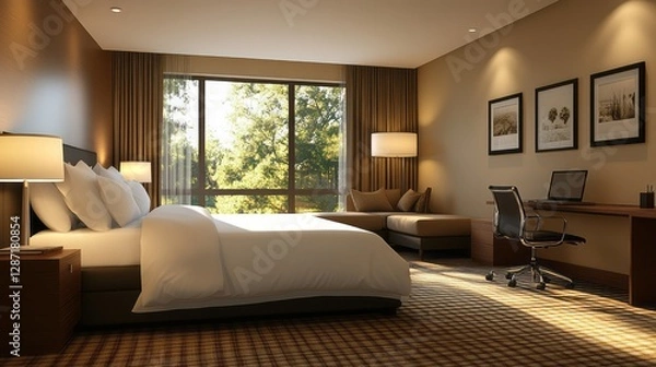 Fototapeta Elegant hotel suite features a bed and a desk