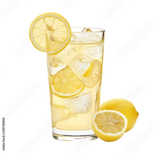 Fototapeta A Tall Glass of Lemonade with Ice and Lemon Slices Isolated on Transparent Background