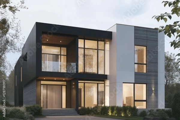 Fototapeta Modern architecture showcases sleek, clean lines and expansive windows in a contemporary home, beautifully enveloped by lush greenery at dusk