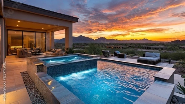 Obraz Modern Desert Home Sunset Pool View