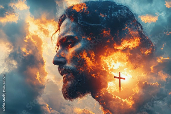 Fototapeta Radiant clouds form the face of Jesus Christ with cross glowing within, symbolizing divine presence sacrifice and eternal truth