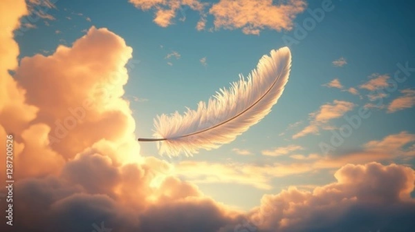 Fototapeta Soft feather gliding above glowing clouds	