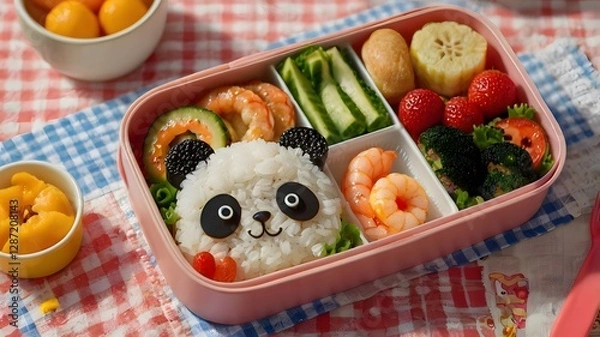 Fototapeta japanese kids panda bento with prawns and mixed vegetables and fruits in pink bento box