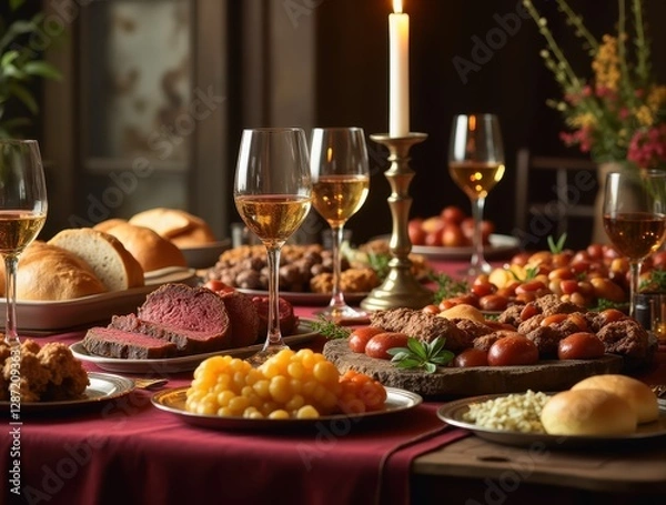 Fototapeta Medieval banquet table displaying wine, roasted meat, bread, and fruits by candlelight