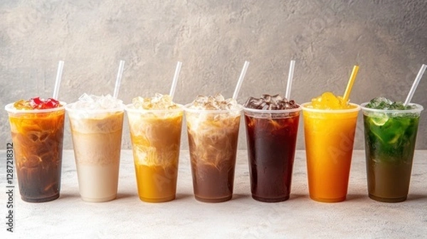 Fototapeta Variety of iced drinks in plastic cups on a light surface.