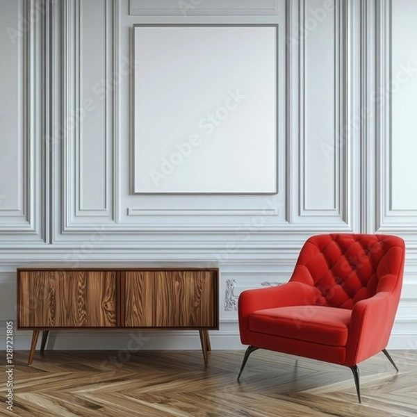 Fototapeta Red armchair and wooden cabinet against white decorative wall