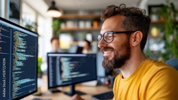 Obraz Software engineer creates innovative app in modern collaborative workspace