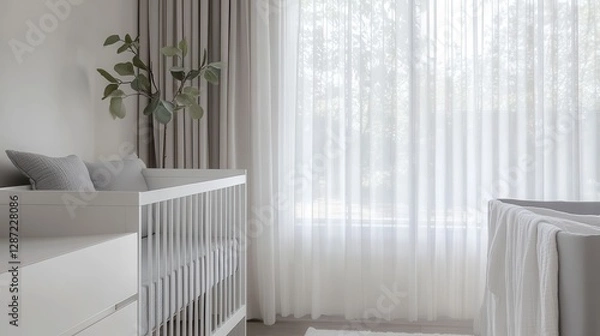 Fototapeta Modern nursery with white crib and sheer curtains. Perfect for blogs, websites, or showcasing baby products.