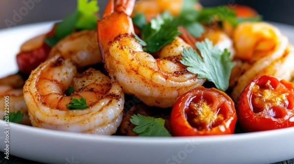 Obraz Spiced ginger shrimp with burst tomatoes and fresh cilantro delight