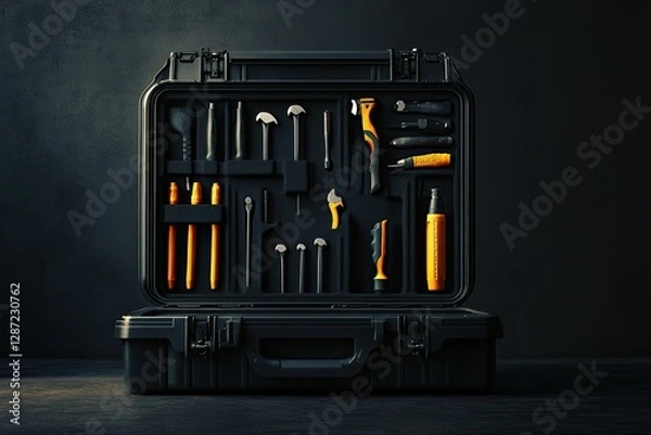 Fototapeta Vibrant Color Image of Black Plastic Tool Box with Construction Instruments
