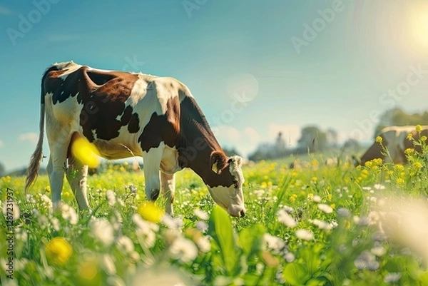 Fototapeta High Resolution of Cows Grazing in a Sunny Meadow in Spring