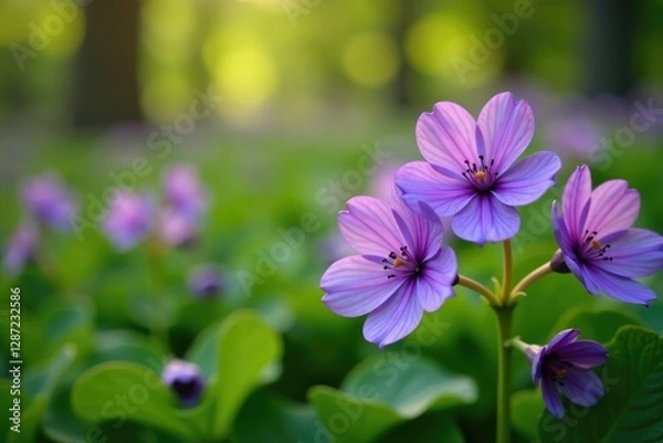 Obraz Violet hepatica flowers in a lush green garden, clear stamens, spring flowers, flower fields
