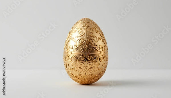 Fototapeta Elegant gold decorative egg featuring detailed ornamental patterns, symbolizing luxury and sophistication on a clean bright background.