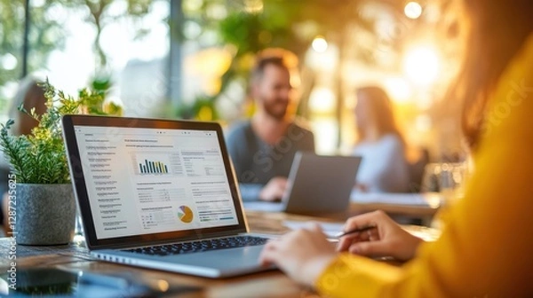 Fototapeta Young entrepreneur captivates investors with innovative pitch idea in cafe