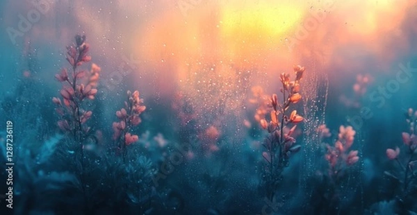 Fototapeta Enchanted Sunset: A Serene Meadow of Dew-Kissed Blooms