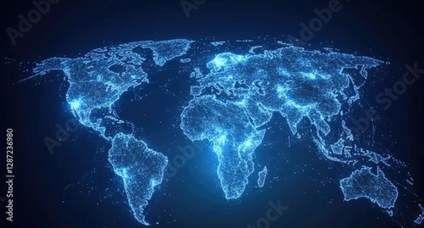 Fototapeta Global Network World Map, digital, glowing, bright, interconnected