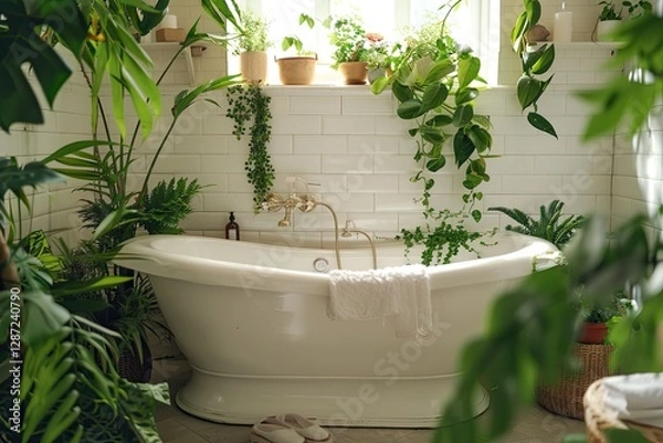 Fototapeta Detailed Visual  of Boho Bathroom with Lots of Potted Greenery