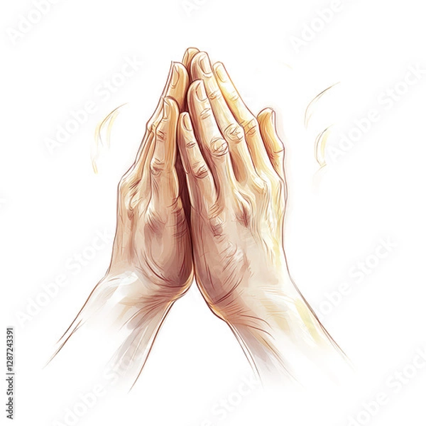 Obraz A stylized artistic illustration of praying hands, softly illuminated with warm light, transparent background, PNG