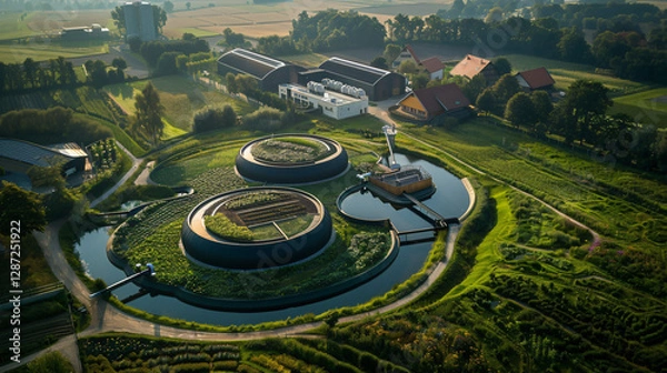 Fototapeta A high-tech biogas refinery with interconnected pipelines, efficiently converting waste into bioenergy for sustainable power use.