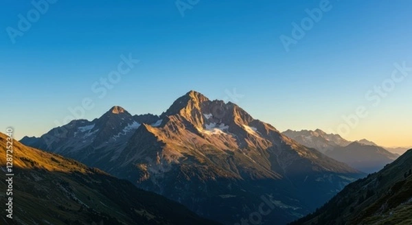 Fototapeta Majestic mountain range at golden hour with clear blue sky in scenic alpine landscape