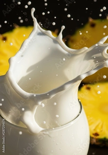 Fototapeta Splashing milk against vibrant pineapple slices in dynamic motion close-up