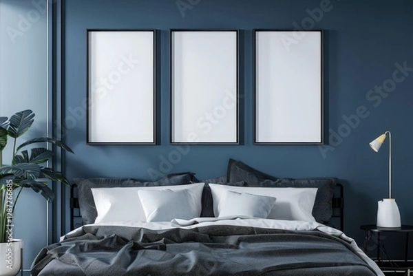 Fototapeta Minimalist bedroom interior with three empty frames above a bed