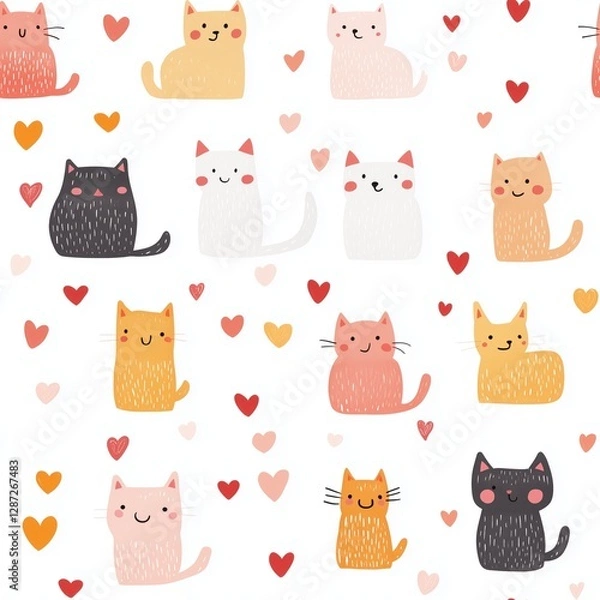 Fototapeta Seamless Pattern Watercolor Ethereal Watercolor Petals, Playful cats surrounded by hearts cute pattern design whimsical style digital art flat perspective love concept