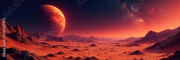 Fototapeta Mars landscape with abstract stars in the sky, red planet, universe, outer space