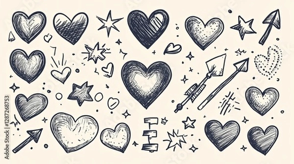 Obraz Hand Drawn Hearts Stars Arrows And Other Romantic Symbols