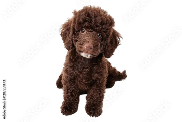 Fototapeta Portrait of small brown dog with fluffy fur and big eyes in studio shot isolated on transparent background