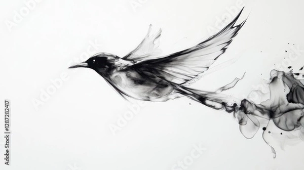 Fototapeta Ink Bird in Flight Against White Background
