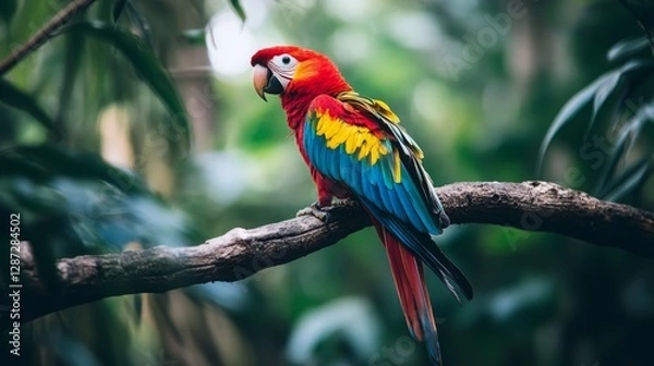Fototapeta Vibrant Scarlet Macaw perched on a branch.