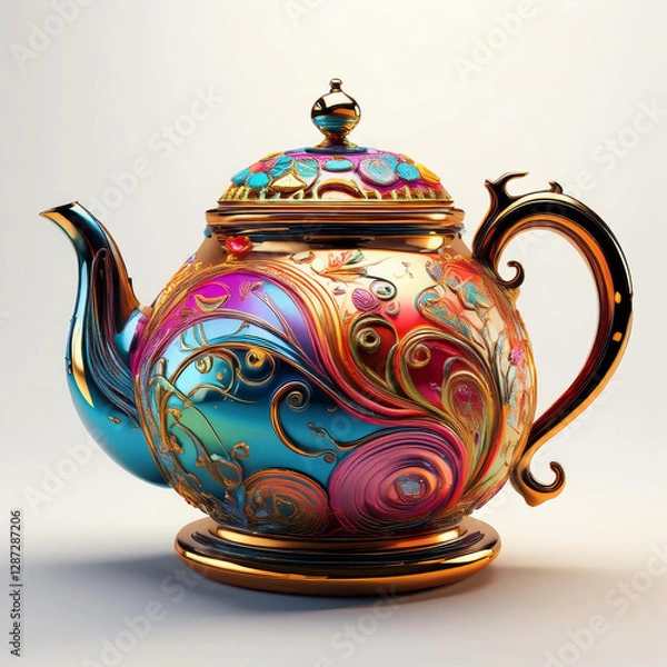 Fototapeta Colorful design teapot on white background, dishware - 주방용품, 화려한 티포트 (찻주전자)