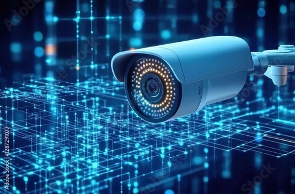 Fototapeta High-Tech Security Camera Monitoring Digital Network with Futuristic Background
