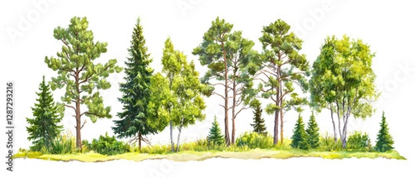 Obraz A vibrant collection of various trees showcasing different shapes and shades of green, representing a lush forest setting. isolated on white background.