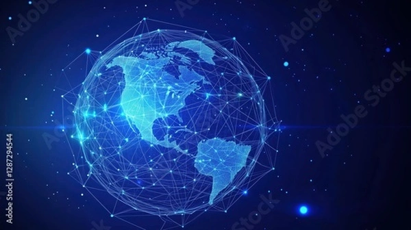 Fototapeta Illuminated Digital Globe with Interconnected Network Lines Against a Deep Blue Background Evoking a Sense of Global Connectivity
