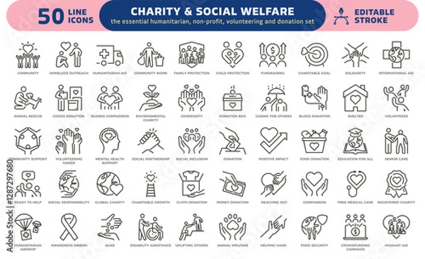 Fototapeta Charity and social welfare icon set. Thin line editable stroke icons for philanthropic giving, nonprofit organizations, volunteering, donation, community support, humanitarian aid, and global relief