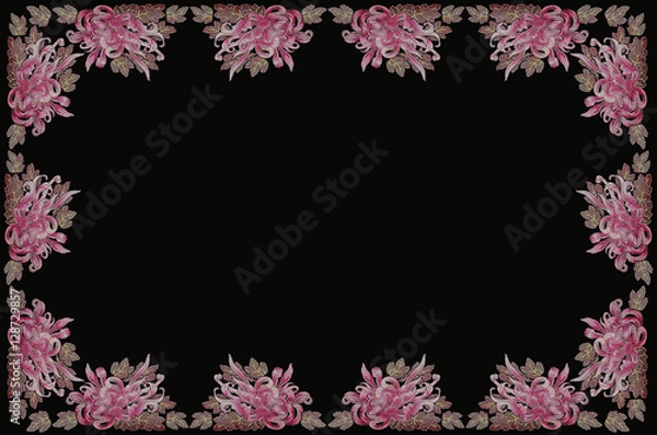 Obraz Frame for embroidery tablecloth with purplish pink asters and leaves on black backgrounds

