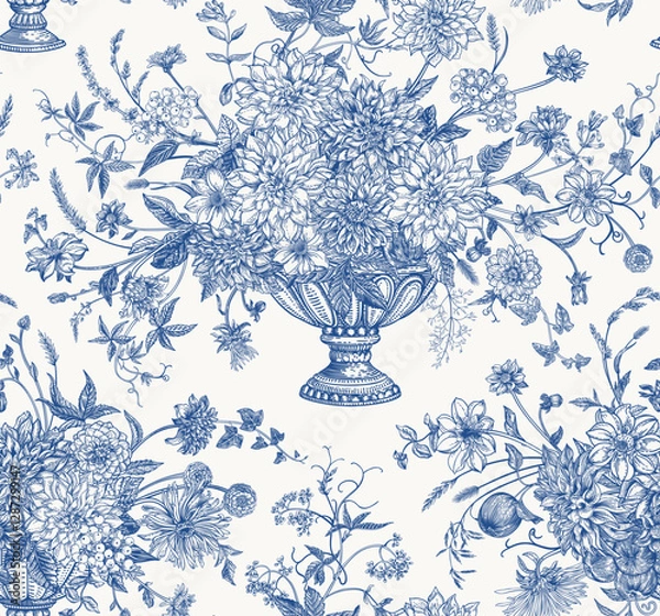 Fototapeta Seamless pattern with flower arrangements in garden vases. Dahlias, asters, zinnias, chrysanthemums, ivy, apples, berries and spikelets. Floral surface design. Vintage background. Toul de Jouy. Blue