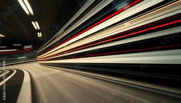 Fototapeta Moving Light Streaks in Tunnel Shows Speed, Technology, Transportation and Movement